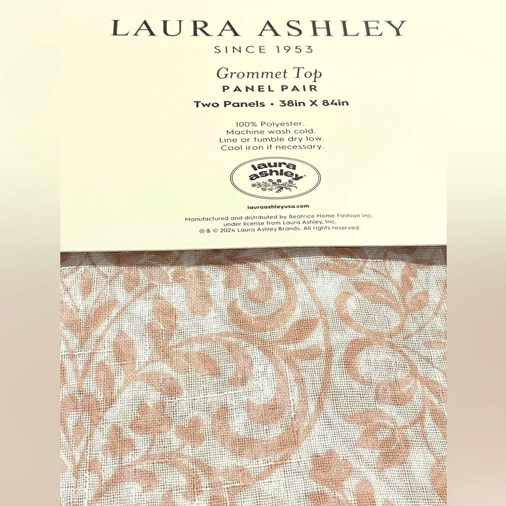 Laura Ashley Grommet Top Taupe White Floral Sheer Curtain Panel Pair 38